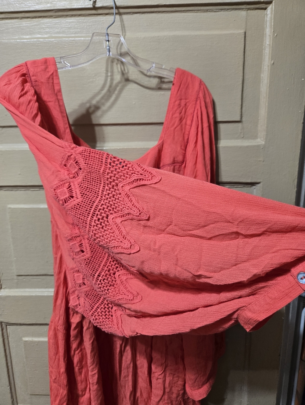 Roaman's Boho Coral Pink Crochet Arm Square Neck Blouse Size: 32W Plus Size - Picture 5 of 6